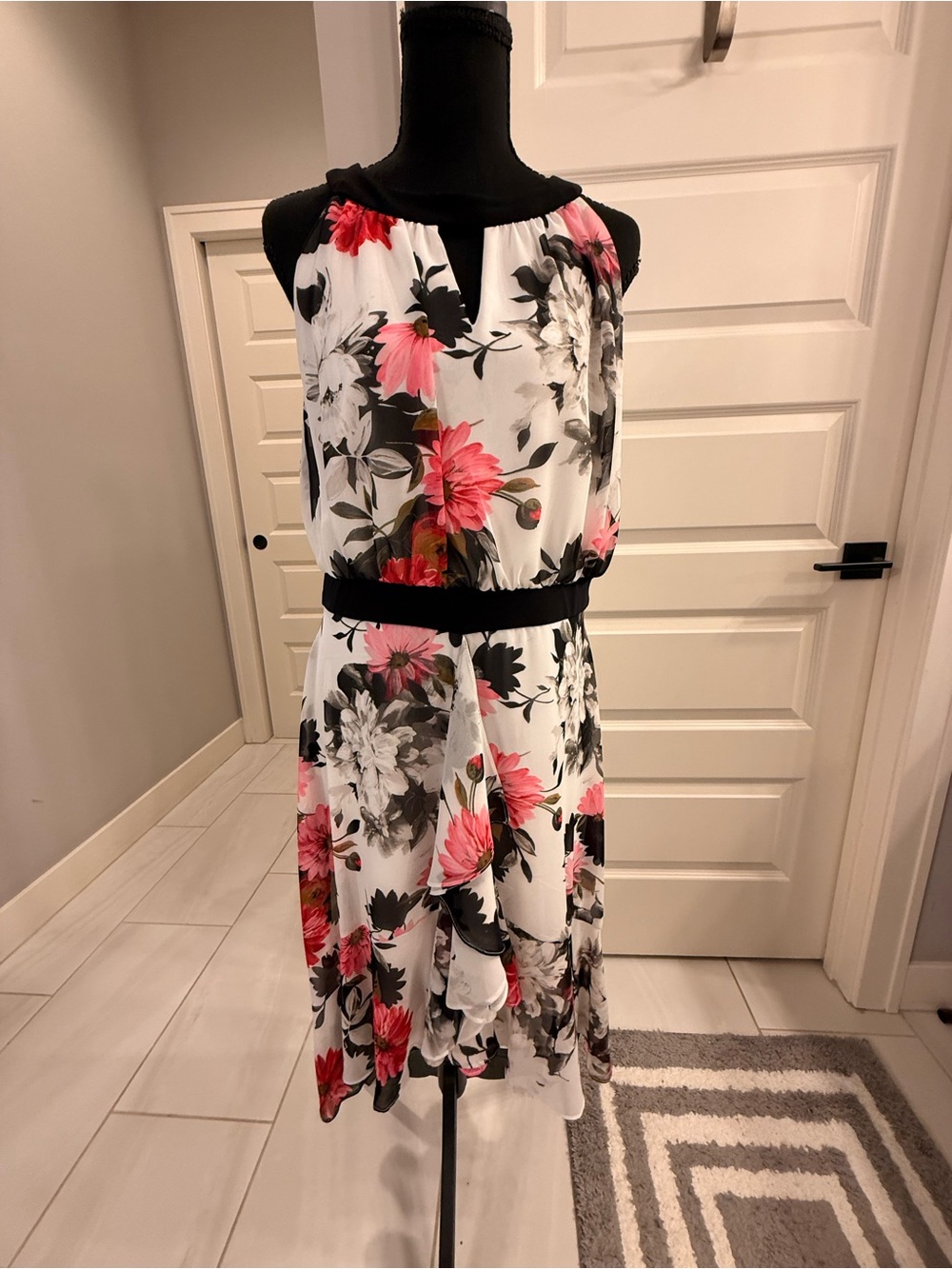 Joseph Ribkoff White Midi Dress with Pink Floral Print and Black Accents